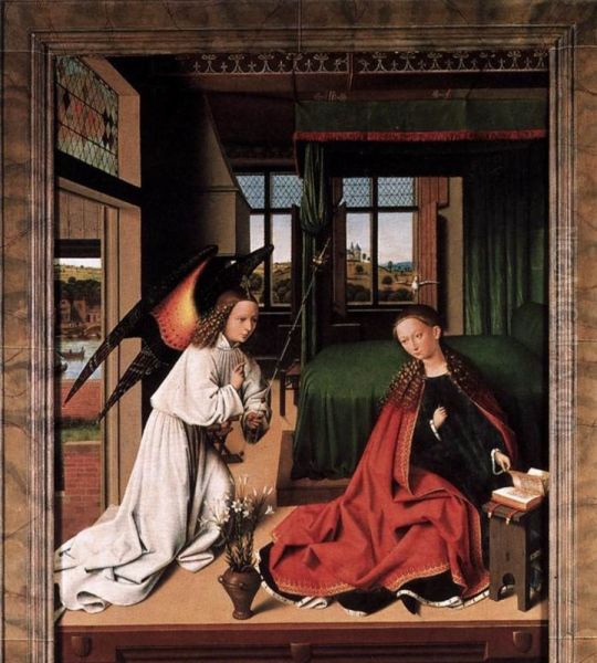 Die Verkundigung an Maria-Die Geburt Christi (Altarflugel zu 529b) Oil Painting by Petrus Christus