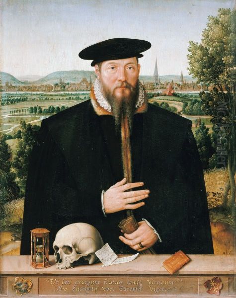 Portrait of Hermann Huddaeus in front of a view of the city of Minden Oil Painting by Ludger Tom Ring the Younger