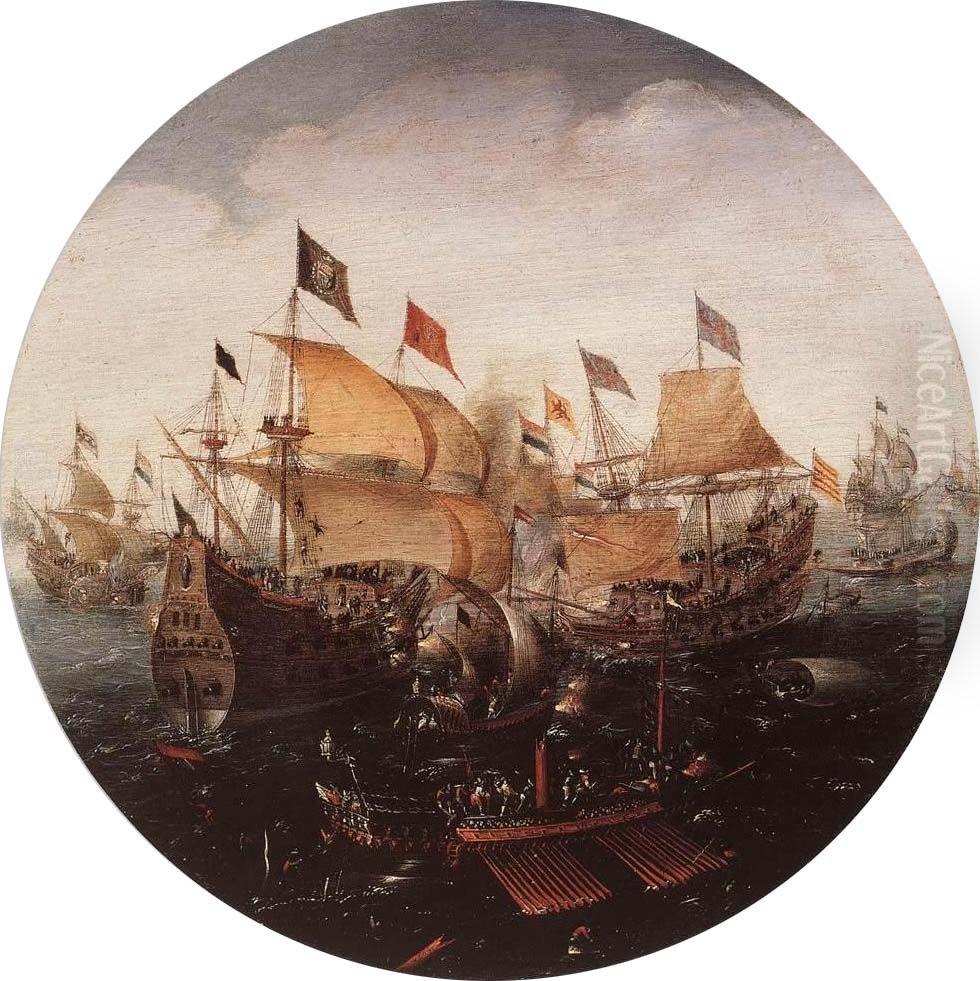 Sea Battle between Dutch and Spanish Ships Oil Painting by Aert Anthoniszoon