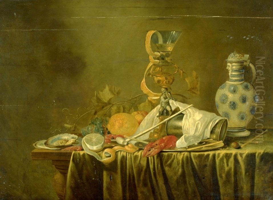 Still life with wine glass and stoneware jug Oil Painting by Cornelis Mahu