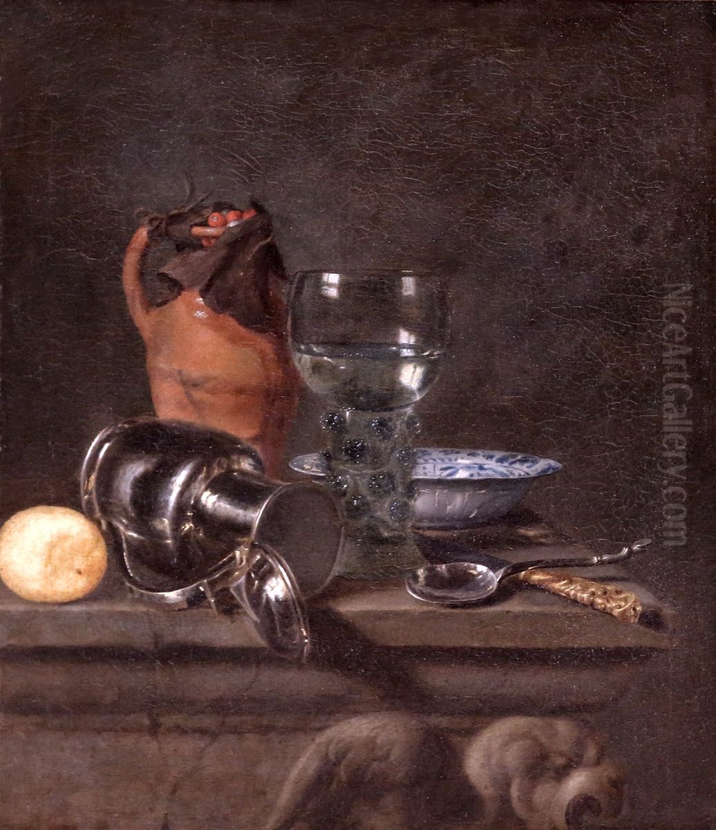 Still life with fallen pewter jug and roemer Oil Painting by Simon Luttichuys