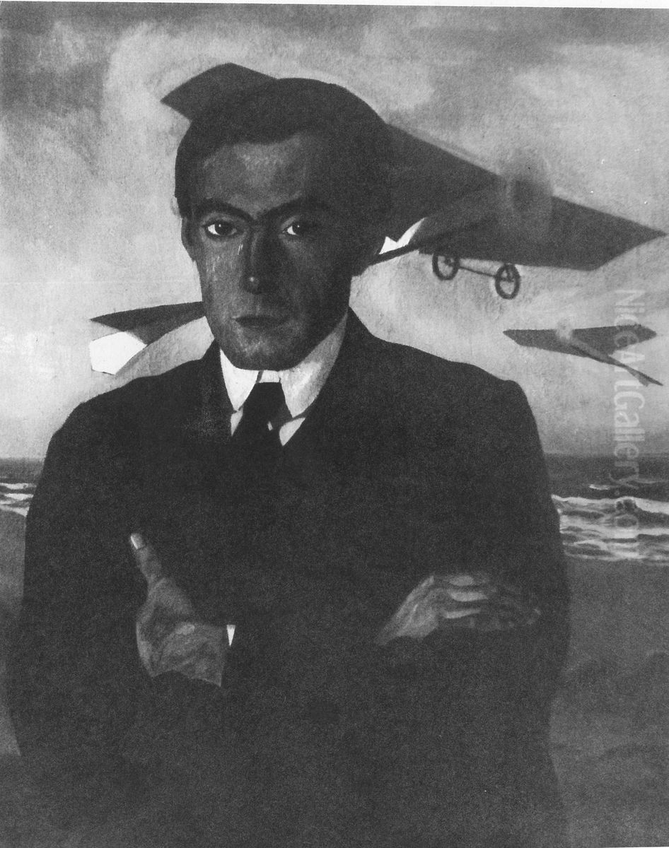 Aviator Elzenberg, with planes in the background Oil Painting by Stanislaw Ignacy Witkiewicz (Witkacy)