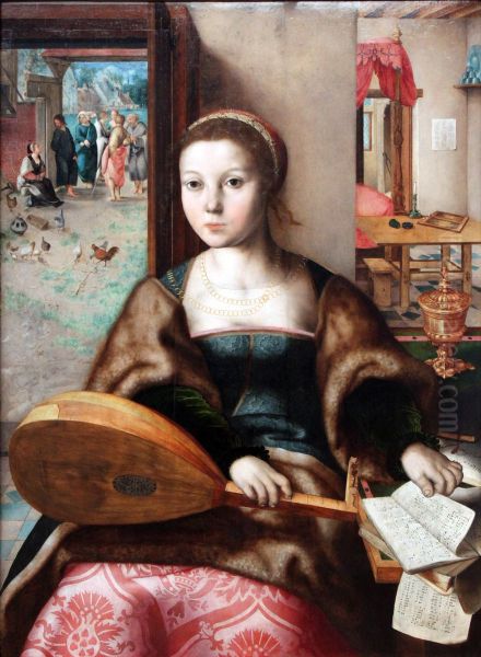 Mary Magdalene with in the background Christ with Martha Oil Painting by Jan Sanders Van Hemessen