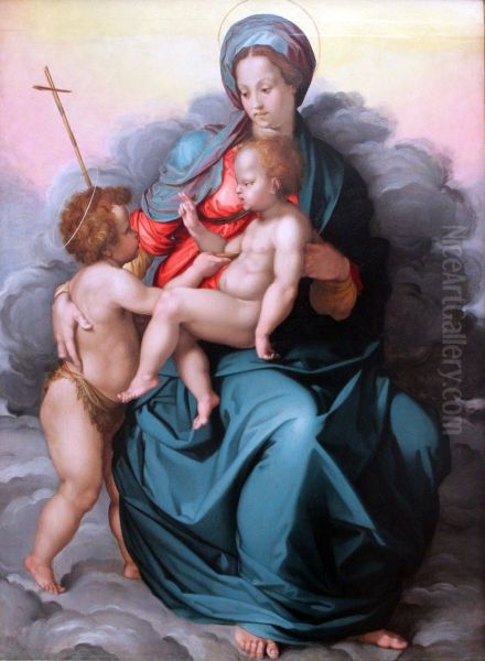 Madonna with Child and Saint John the Baptist on clouds Oil Painting by Jacopino del Conte