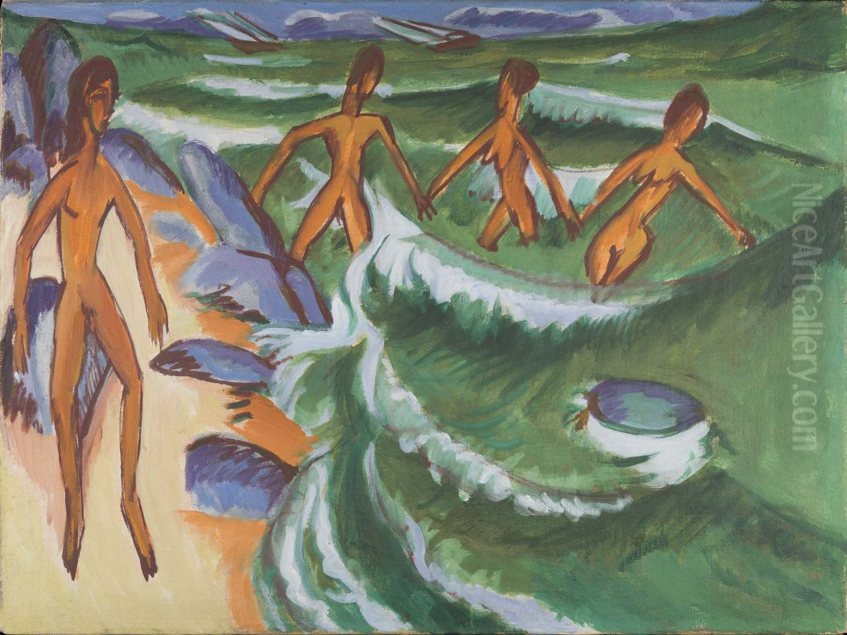 Badende am Strand (Fehmarn) Oil Painting by Ernst Ludwig Kirchner