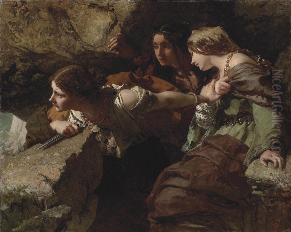 Le Courage, l'Anxiete et le Desespoir observent la bataille Oil Painting by James Sant