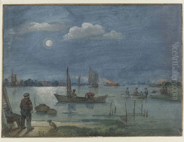 Paisaje fluvial a la luz de la luna con pescadores Oil Painting by Hendrick Avercamp