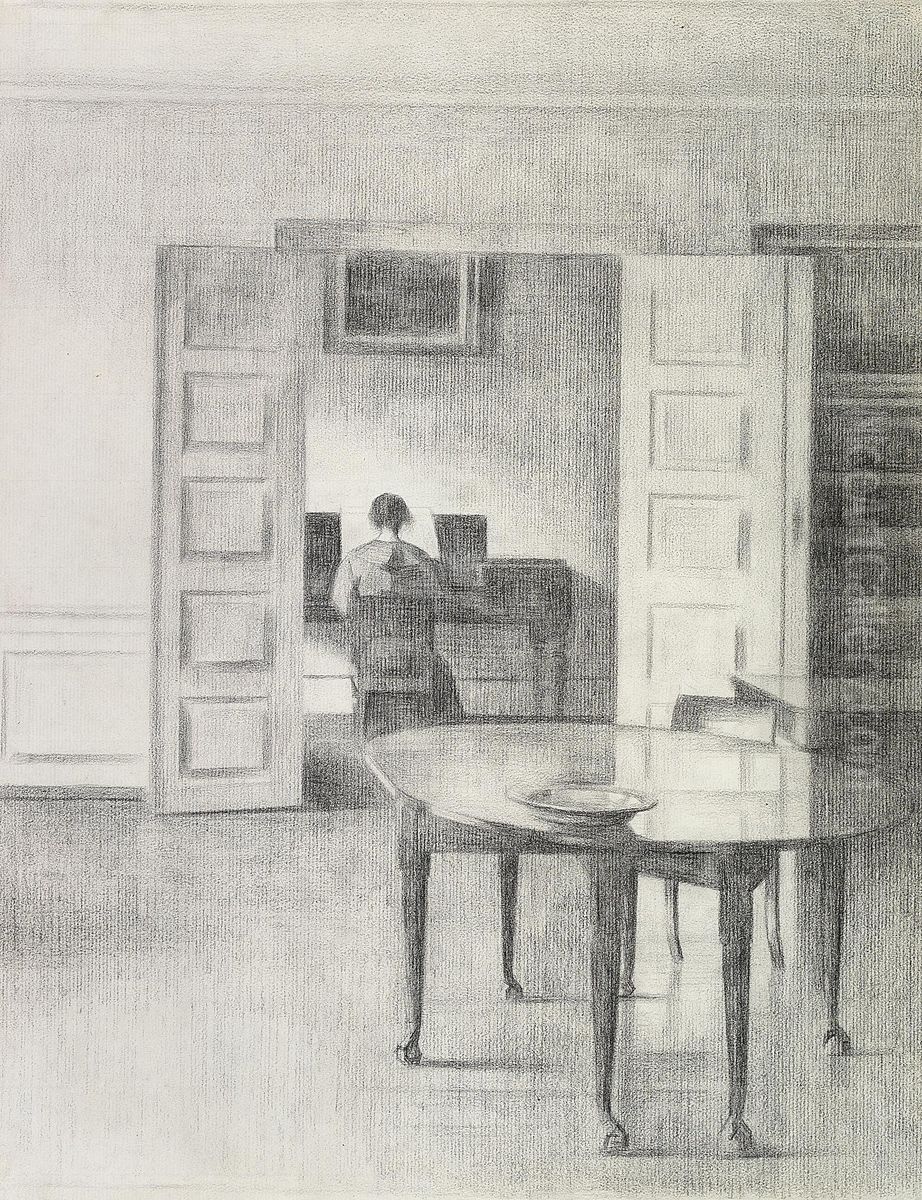 Interior with a woman at a piano. Oil Painting by Vilhelm Hammershoi
