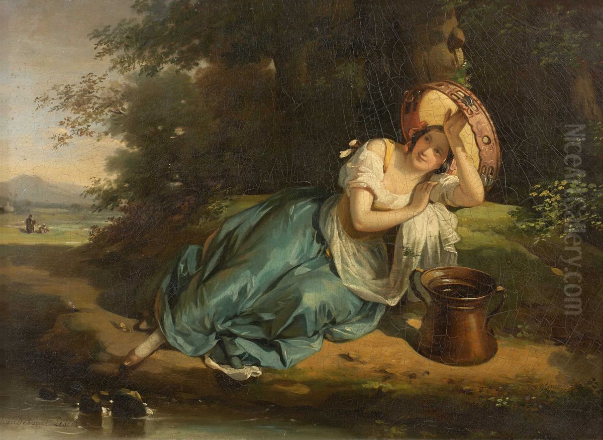 Une jeune Italienne s'abritant du soleil sous son tambour de basque Oil Painting by Hortense Haudebourt-Lescot