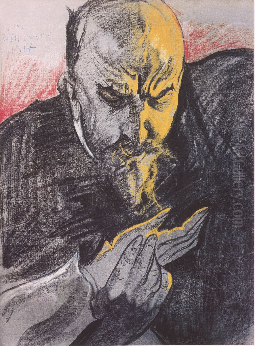Portret Tadeusza Micinskiego, pochylonego nad reka kobieca Oil Painting by Stanislaw Ignacy Witkiewicz (Witkacy)