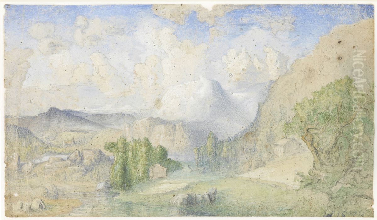 Fjellandskap med forkroblet tre Oil Painting by Lars Hertervig