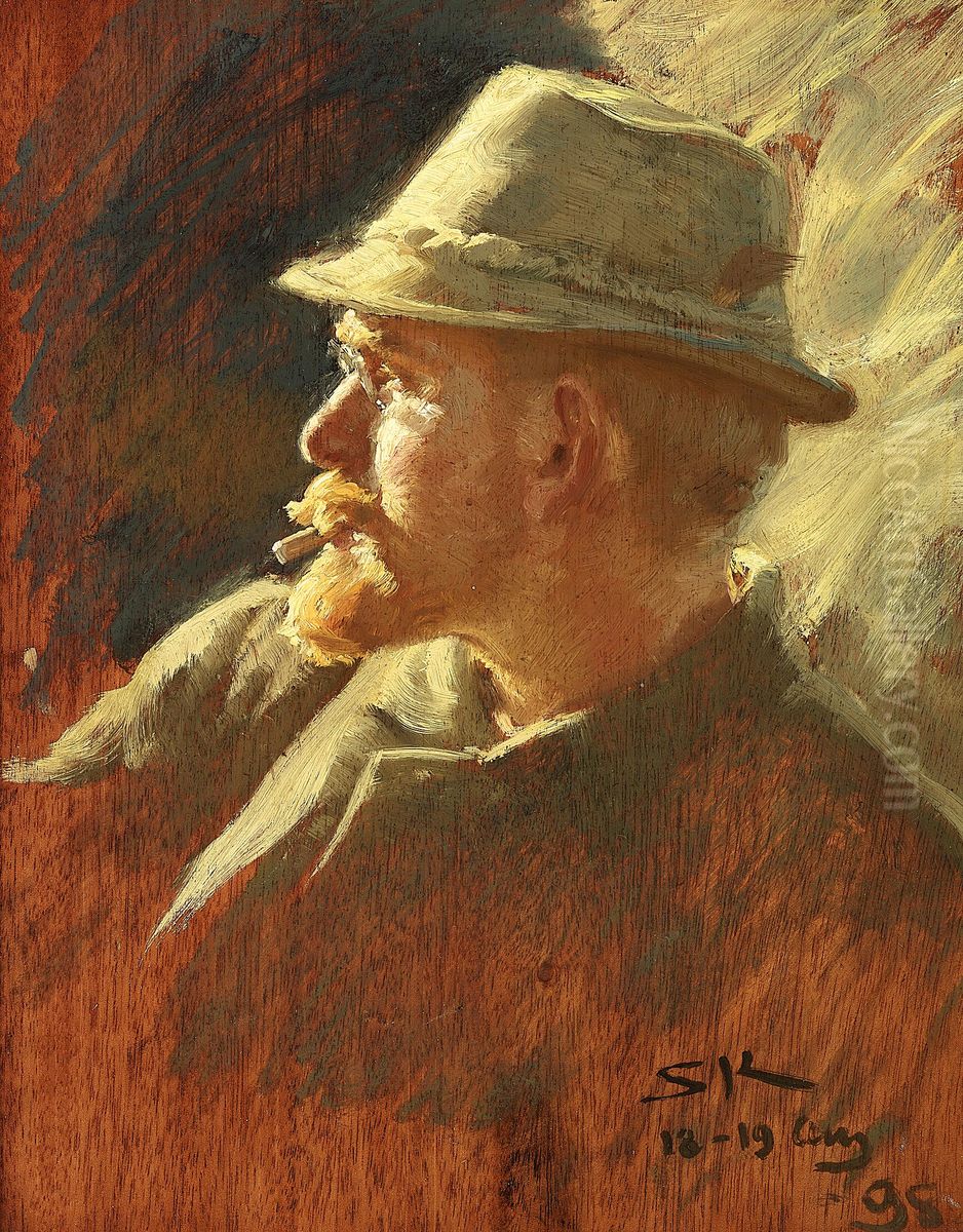 Selvportraet. Brystbillede med lys Filthat. Oil Painting by Peder Severin Kroyer