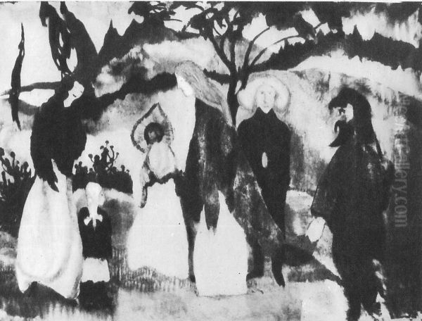 First stroll of the Princess after her unsuccessful attempt at poisoning herself Oil Painting by Stanislaw Ignacy Witkiewicz