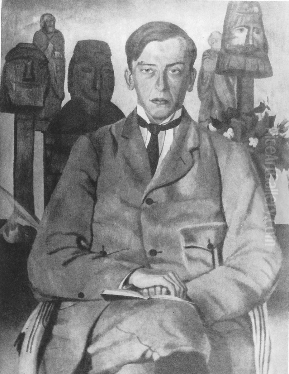 Portret Tadeusza Nalepinskiego, z rzezbami Oil Painting by Stanislaw Ignacy Witkiewicz (Witkacy)