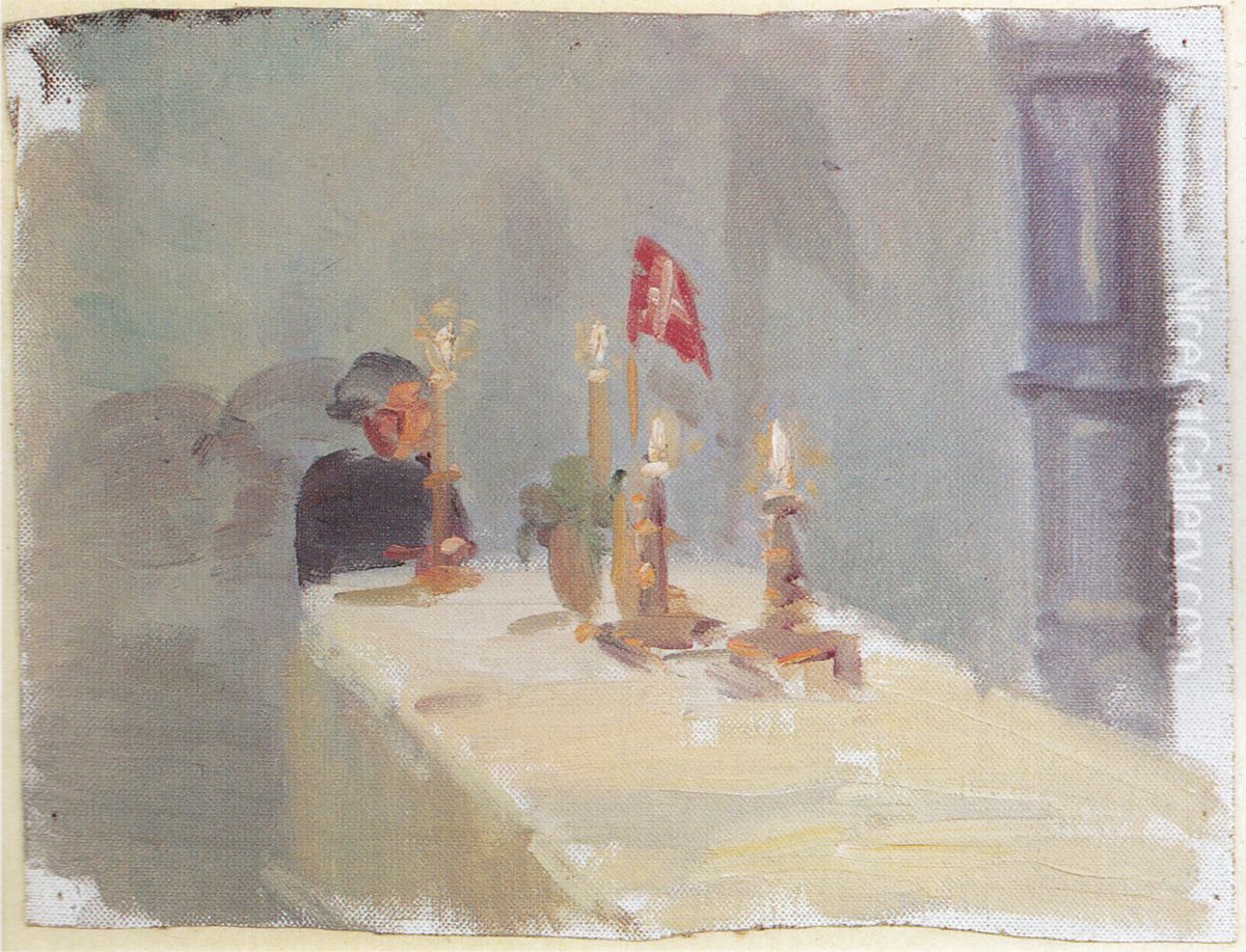 Fodselsdag. En kvinde for enden af et bord med lys og flag. Oil Painting by Anna Ancher