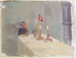 Fodselsdag. En kvinde for enden af et bord med lys og flag.