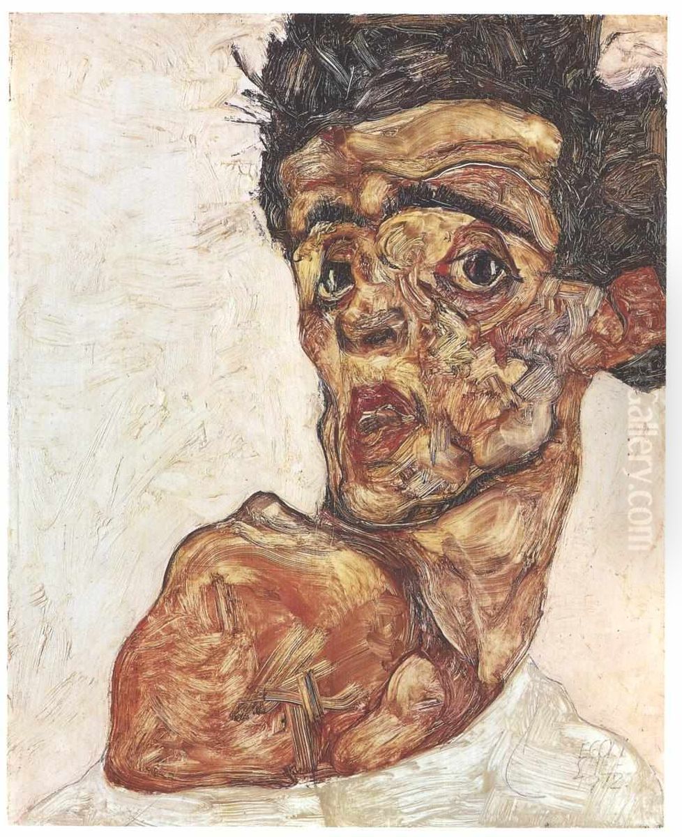 Self-Portrait with Bare Shoulder Oil Painting by Egon Schiele