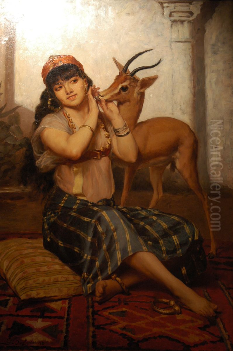 Girl with gazelle Oil Painting by Gaston Casimir Saint-Pierre