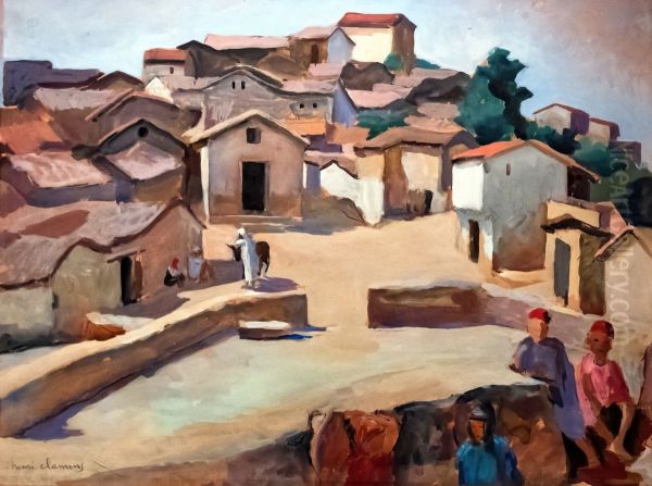 Henri Clamens - Place de village kabyle Oil Painting by Henri Clamens
