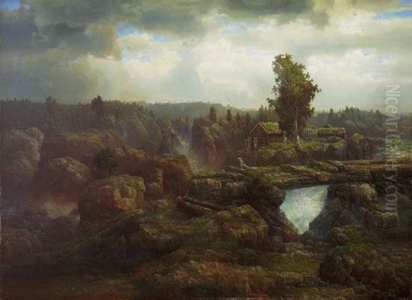 Den gamle broen Oil Painting by Lars Hertervig