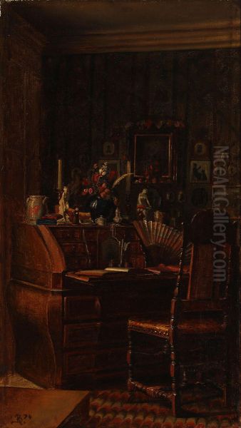 Interior med et Rococo Skrivechatol og en laederbetrukket hojrygget Egetraesstol. Paa Vaeggen Silhuetter og gamle Billeder Oil Painting by Kristian Zahrtmann
