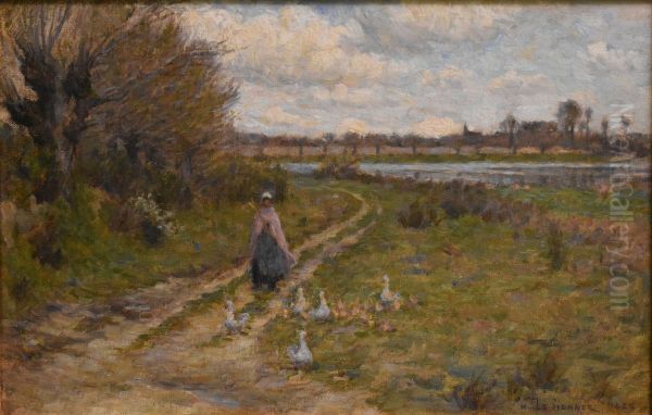 Paysage, gardeuse d'oies Oil Painting by Henri Le Sidaner