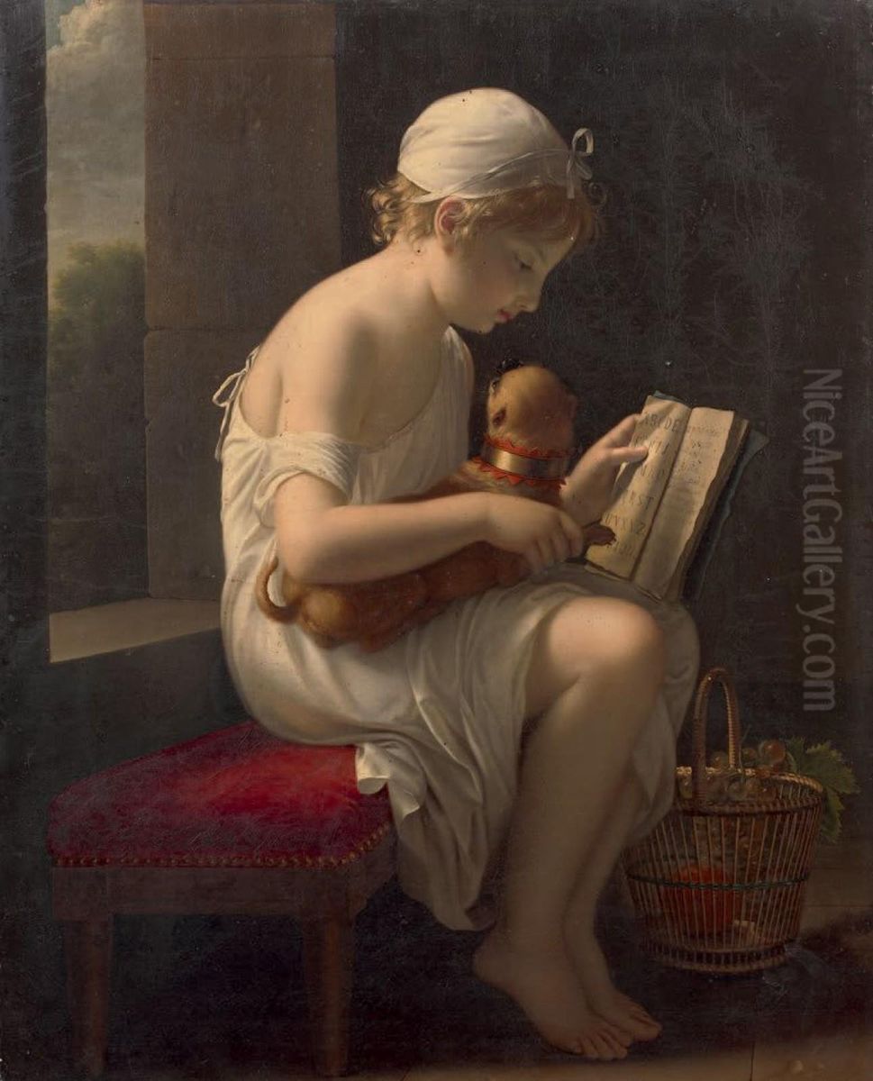 A little girl wanting to teach her dog how to read Oil Painting by Jeanne-Elisabeth Chaudet