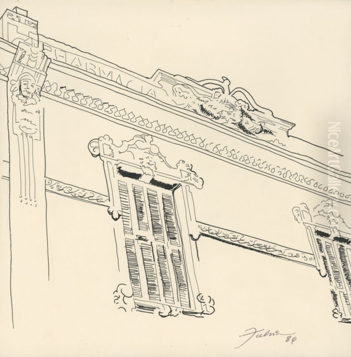 Fachada de uma antiga farmacia Oil Painting by Fulvia Goncalves