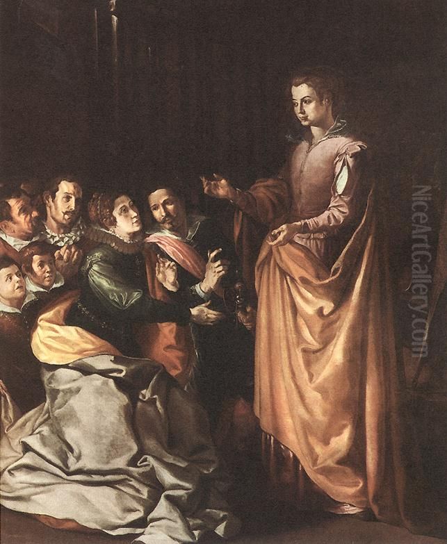 The Apparition of Saint Catherine to the Family of Saint Bonaventure Oil Painting by Francisco Herrera The Elder