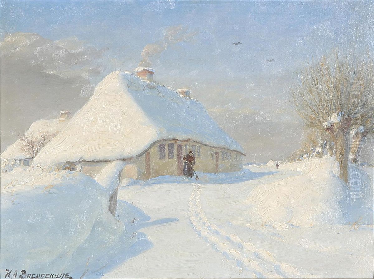 Winter landscape with a woman at a farmhouse. Oil Painting by H. A. Brendekilde