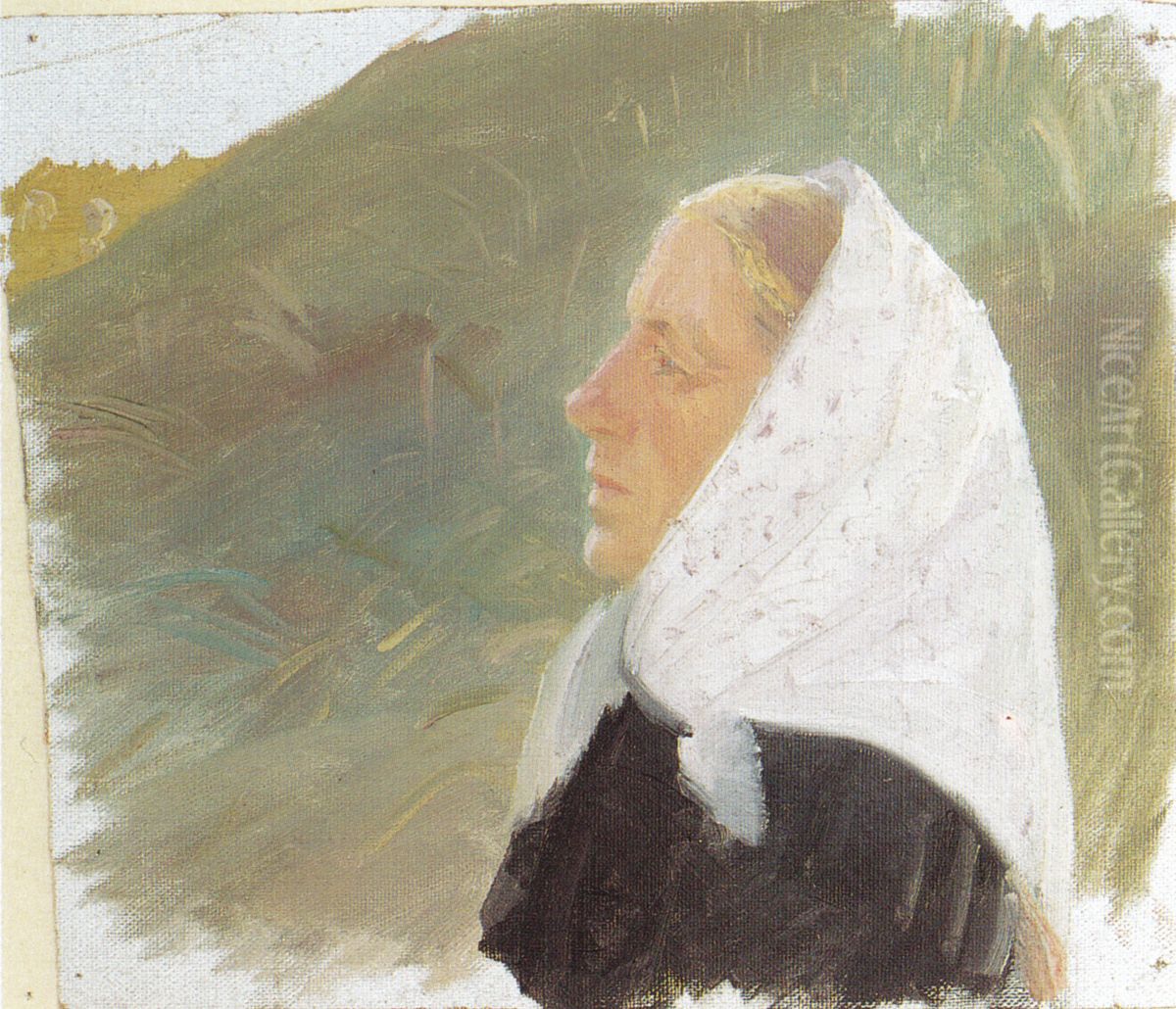 Ung kvinde i sort med hvidt hovedklaede, siddende i en klit Oil Painting by Anna Ancher
