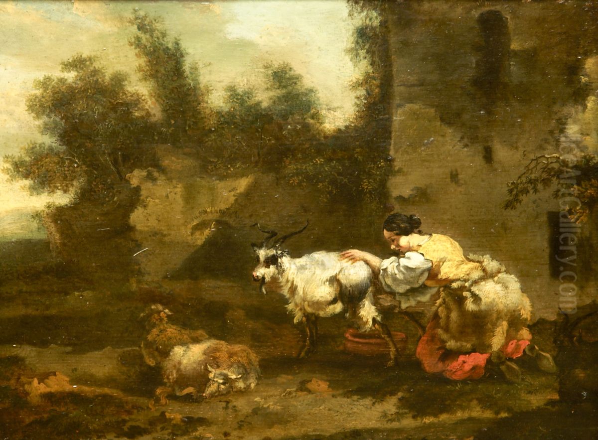 Woman Milking a Goat Oil Painting by Nicolaes Pieterszoon Berchem