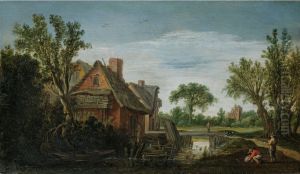 A WOODED RIVER LANDSCAPE WITH FIGURES ON A PATH ON A RIVER BANK BESIDE A VILLAGE, A BRIDGE BEYOND