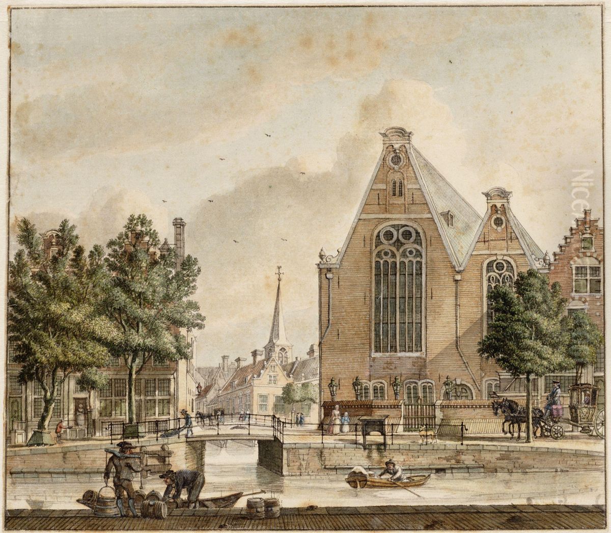 Description Singel 405 (d.)-413, with the Boerenverdriet bridge over the Spui between 409 and 411, seen from the other side of the Singel Oil Painting by Jan De Beijer