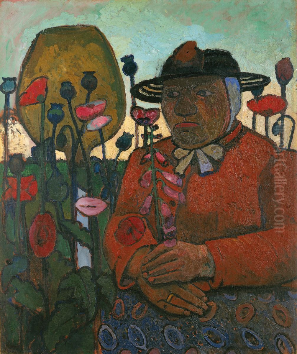 Old poor woman with a glass ball and poppies Oil Painting by Paula Modersohn-Becker