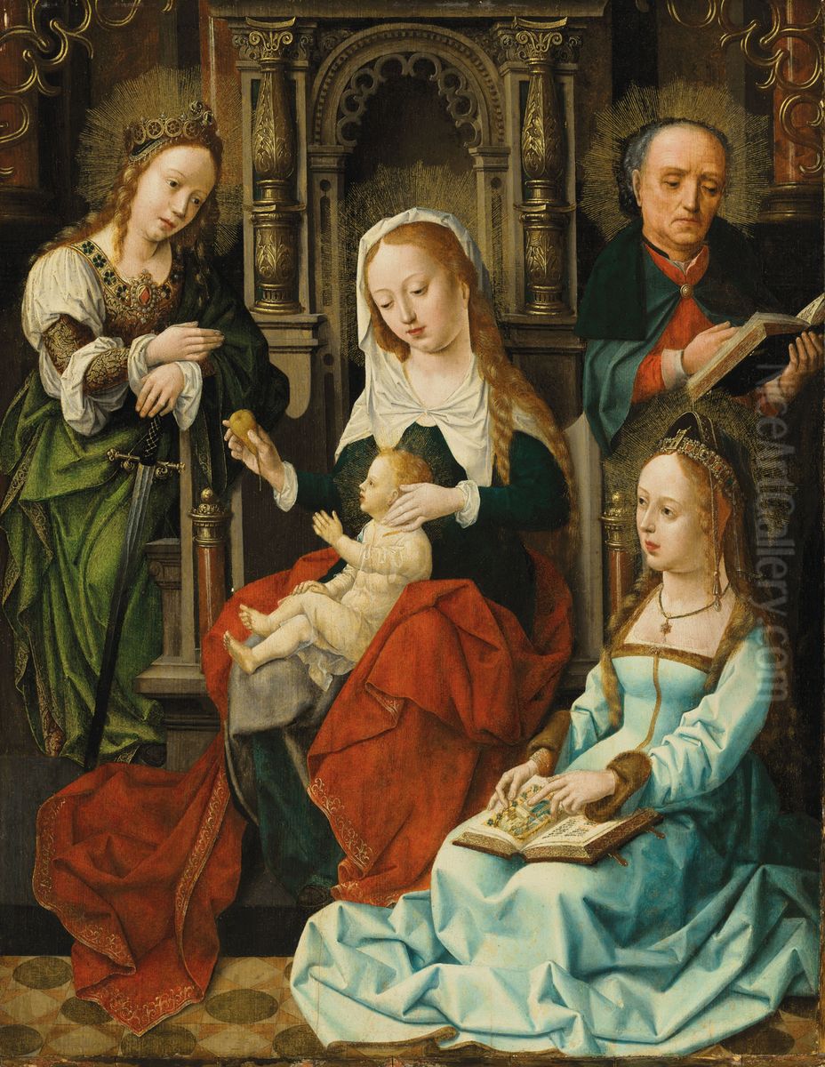 The Holy Family with Saints Catherine and Barbara Oil Painting by Master of the Plump-Cheeked Madonnas