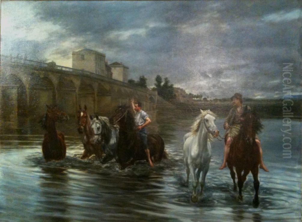 Bain des chevaux sous le pont de Poissy en 1893. Oil Painting by Lucien Alphonse Gros