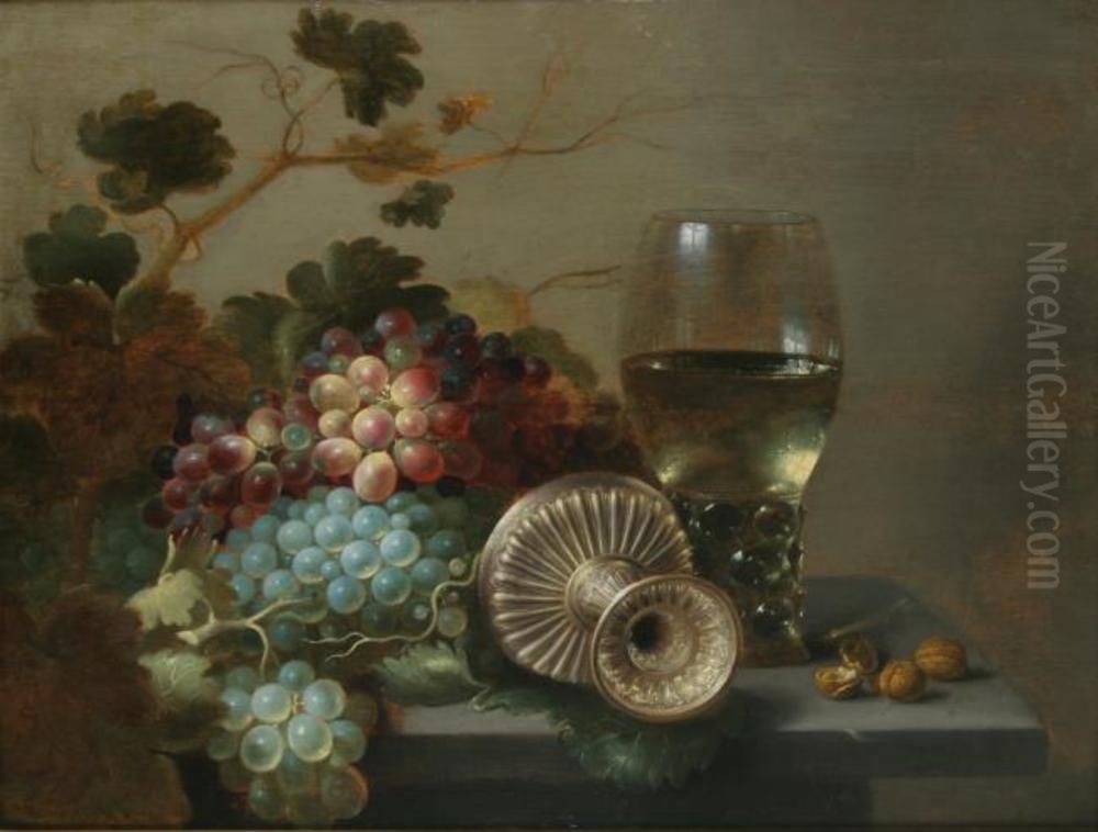 Still life with a rummer, a tazza, and grapes Oil Painting by Jan Jansz van de Velde