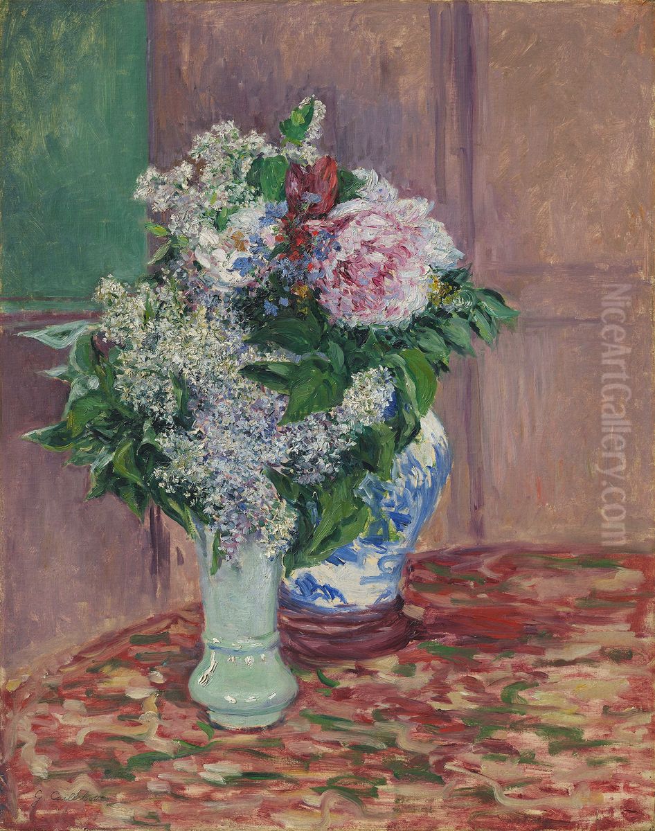 Flieder und Pfingstrosen in zwei Vasen Oil Painting by Gustave Caillebotte