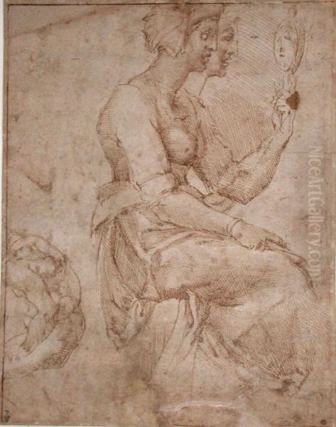 Prudence assise, se regardant dans un miroir Oil Painting by Michelangelo