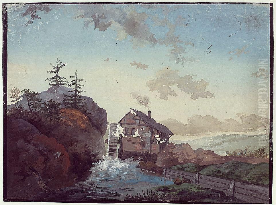 Landskap med foss og kvernhus Oil Painting by Heinrich August Grosch