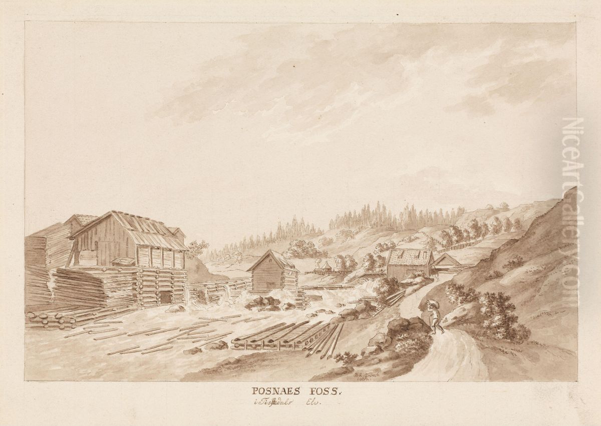 Porsnesfossen i Tistedalen Oil Painting by Heinrich August Grosch