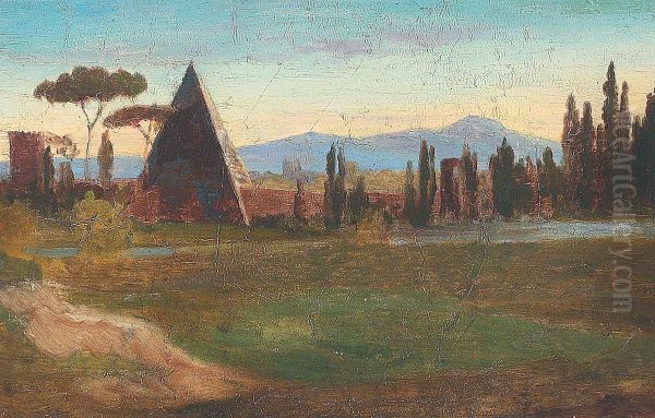 From the Protestant cemetary in Rome, with the pyramid of Cestius and mountains in the background. Oil Painting by H. A. Brendekilde