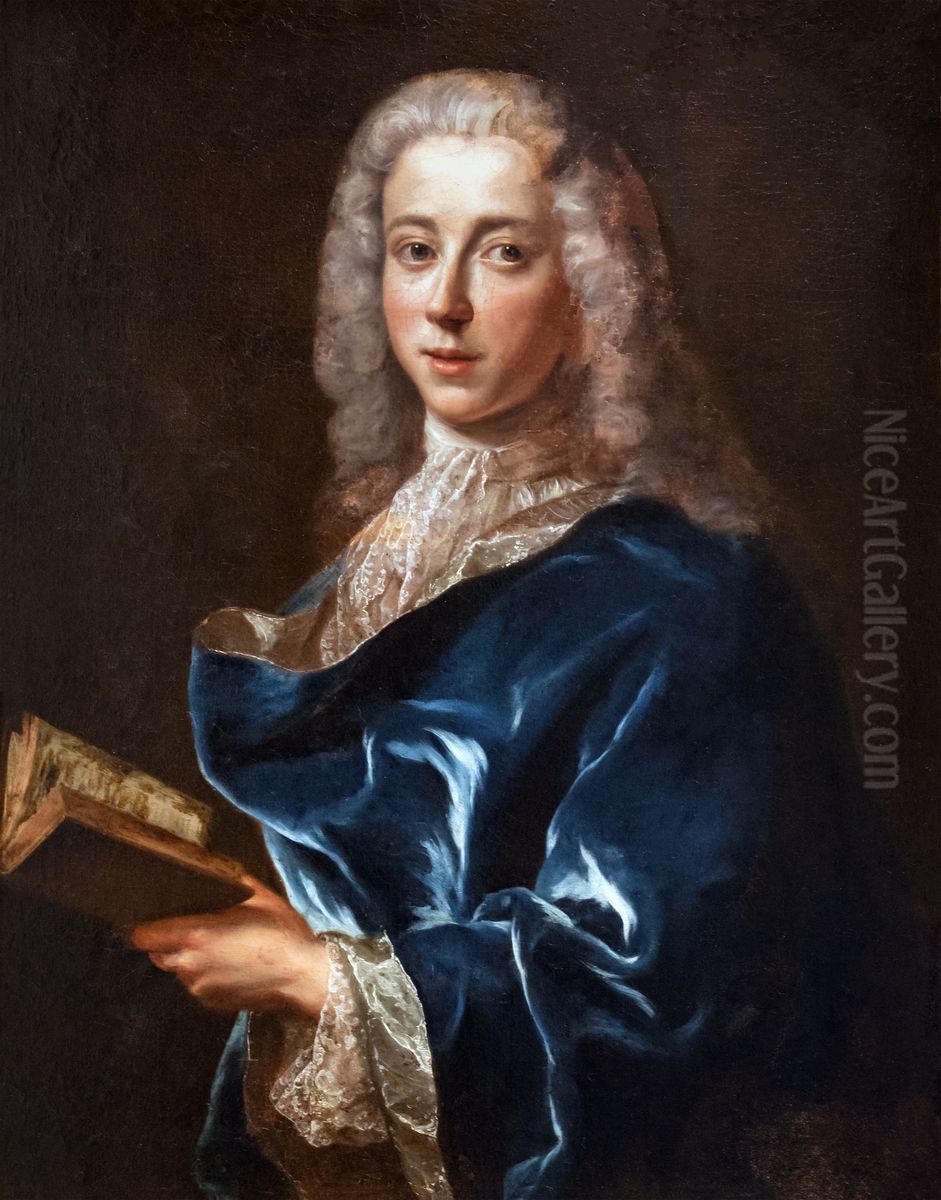 Portait d'un homme au manteau bleu tenant un livre - Francois de Troy - Musee des Beaux-Arts de Gaillac Oil Painting by Francois de Troy