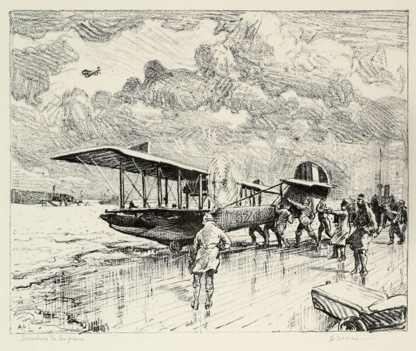 Launching the Seaplane Oil Painting by Arthur Lismer
