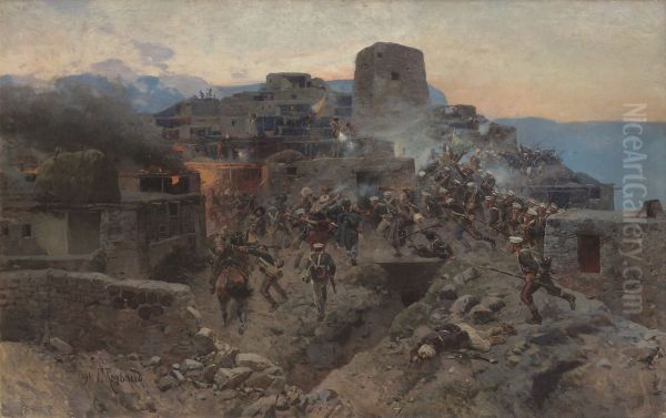 The Assault of Gimry on October 17, 1832 Oil Painting by Franz Roubaud