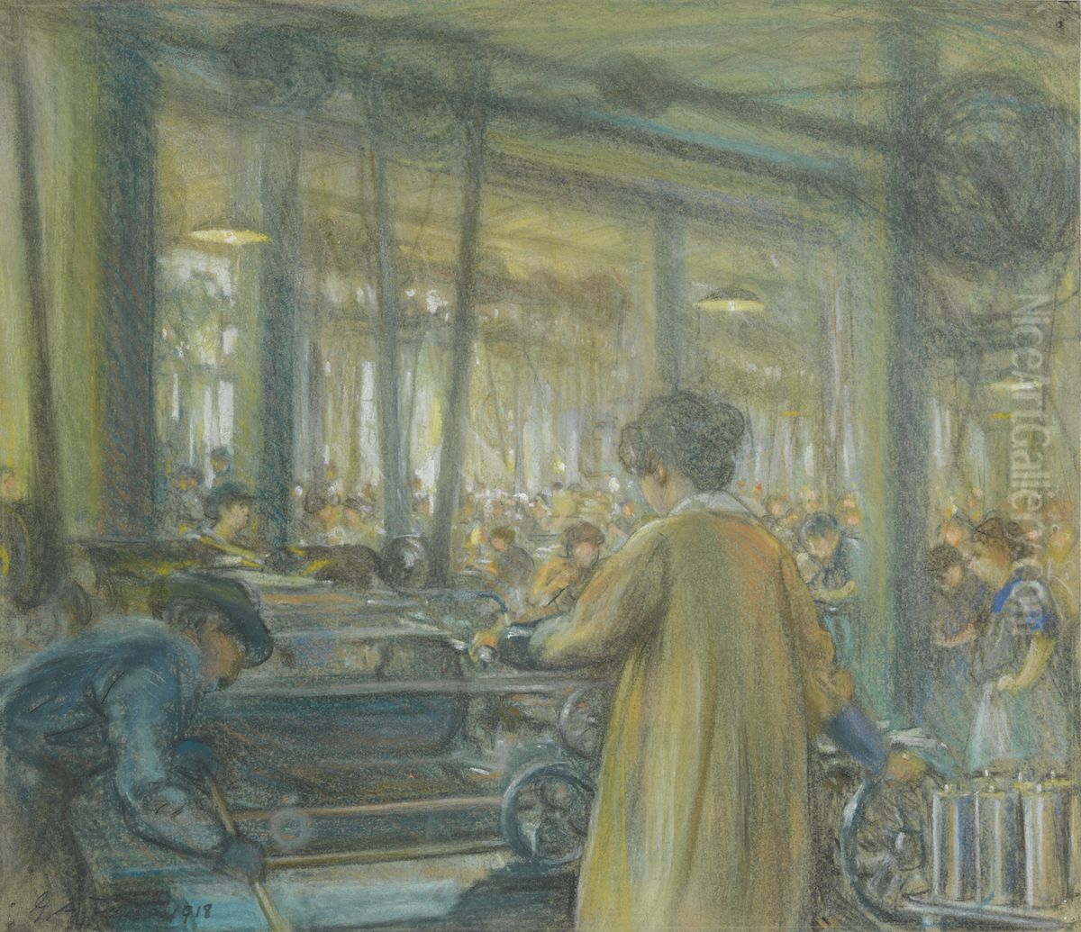Machining 4 inch Shells - Banfield Works, Toronto Oil Painting by George Agnew Reid