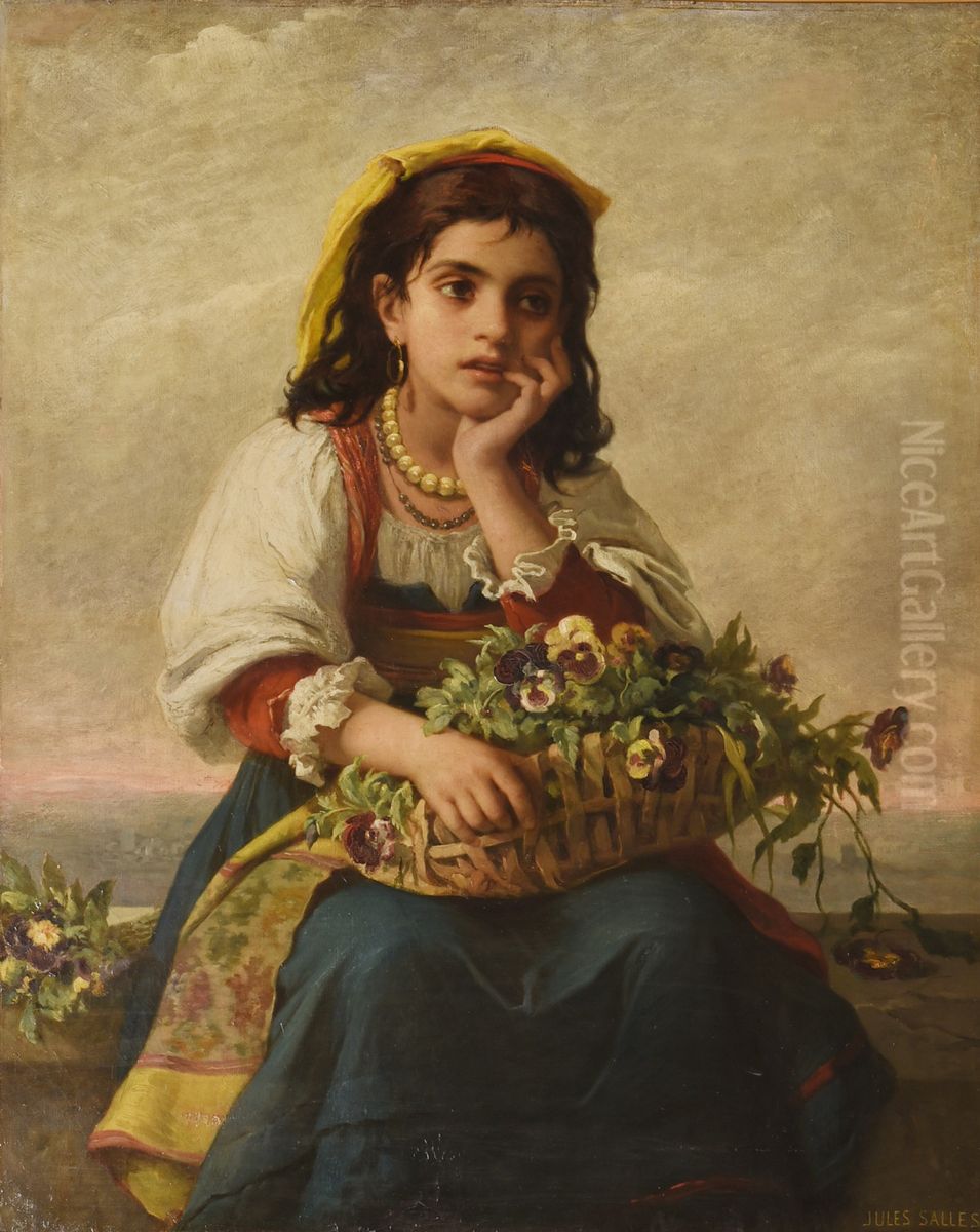 A Girl with a Basket of Flowers Oil Painting by Jules Salles