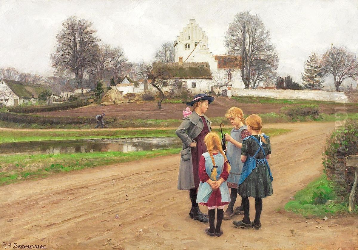 Hjembaek Gade. Oil Painting by H. A. Brendekilde