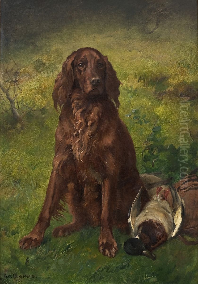 Irish Setter with a Duck Oil Painting by Karl Uchermann